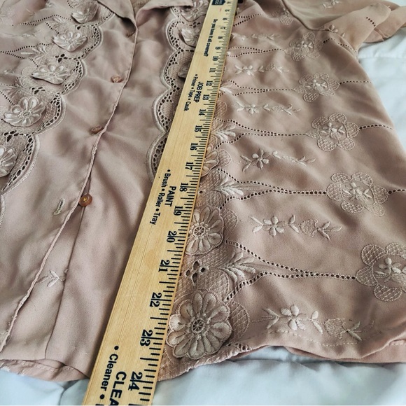 Vtg D.J. Women’s blouse Sz XL brown Floral print short sleeve sheer button USA - Picture 7 of 10